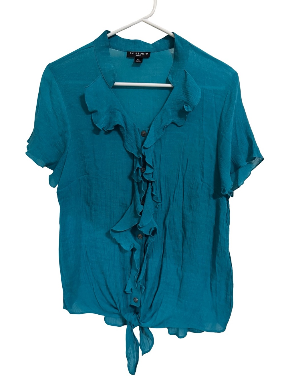 I.N. Studio Teal Ruffle Tie-Hem Short Sleeve Blouse